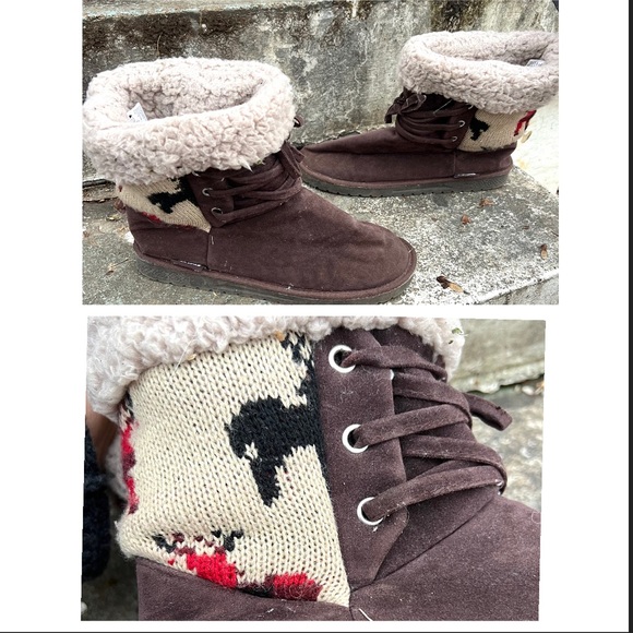 Mukluks Knit Slipper Boots 9 Deer Print Women’s Brown - Picture 1 of 9